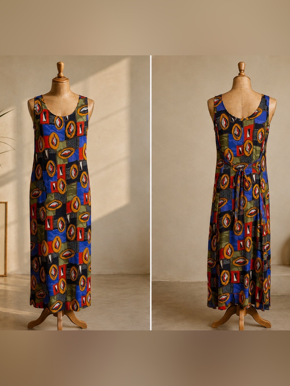 Vintage 90s Abstract Geometric Patchwork Print Scoop Neck Tank Midi Dress S